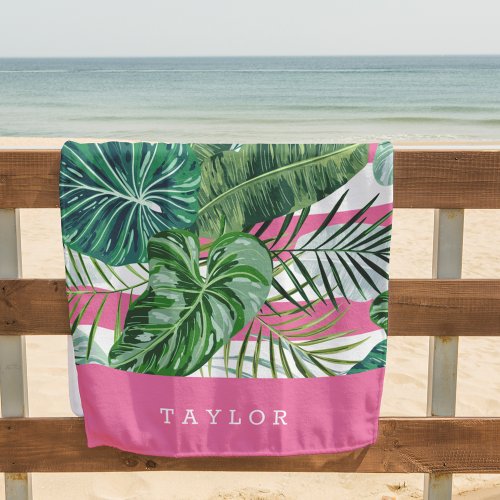 Tropical Botanical Stripe Personalized Beach Towel