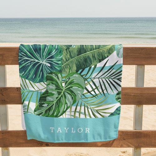 Tropical Botanical Stripe Personalized Beach Towel