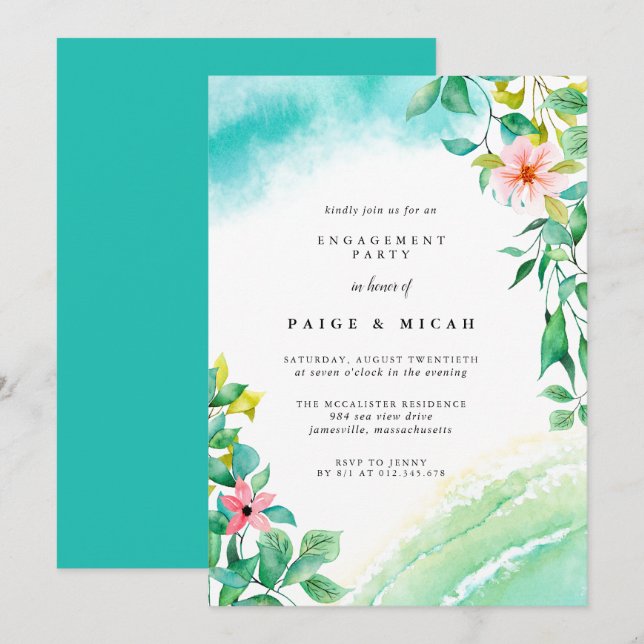 Tropical Botanical Watercolor Engagement Party Invitation (Front/Back)
