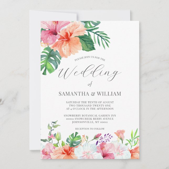 Tropical Botanical Watercolor Floral Wedding Invitation (Front)