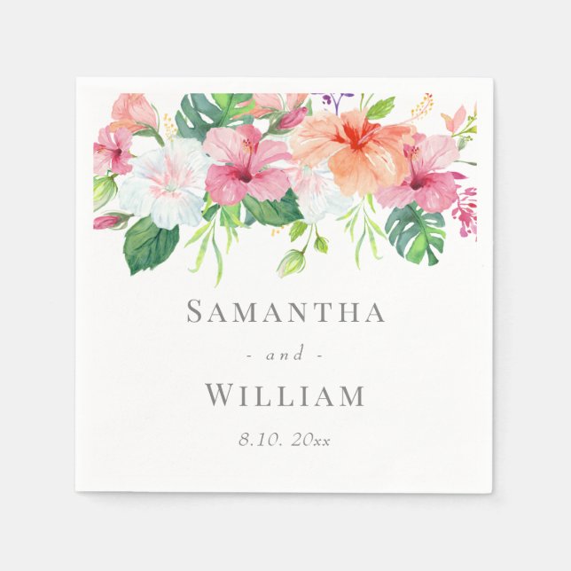 Tropical Botanical Watercolor Floral Wedding Napkins (Front)