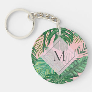 Tropical Botanical Watercolor Pink Art Monogram Keychain
