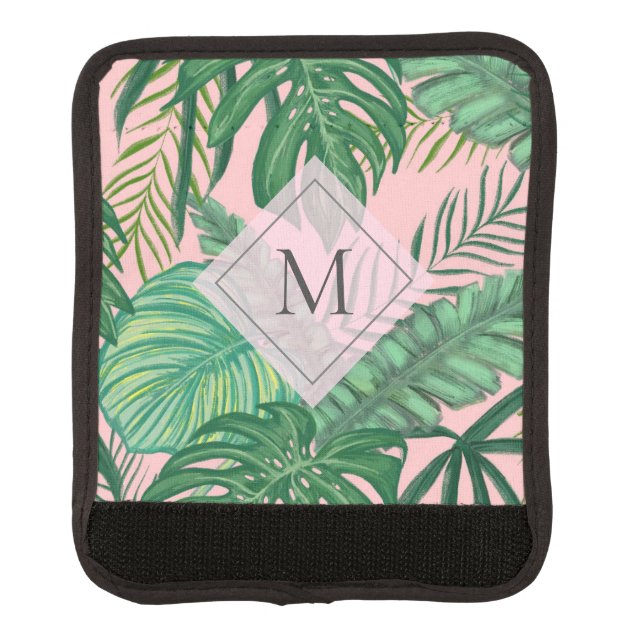 Tropical Botanical Watercolor Pink Art Monogram Luggage Handle Wrap (Front)