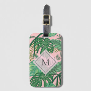 Tropical Botanical Watercolor Pink Art Monogram Luggage Tag