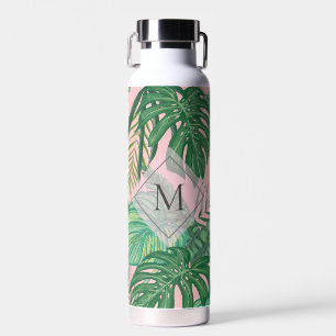 Tropical Botanical Watercolor Pink Art Monogram Water Bottle