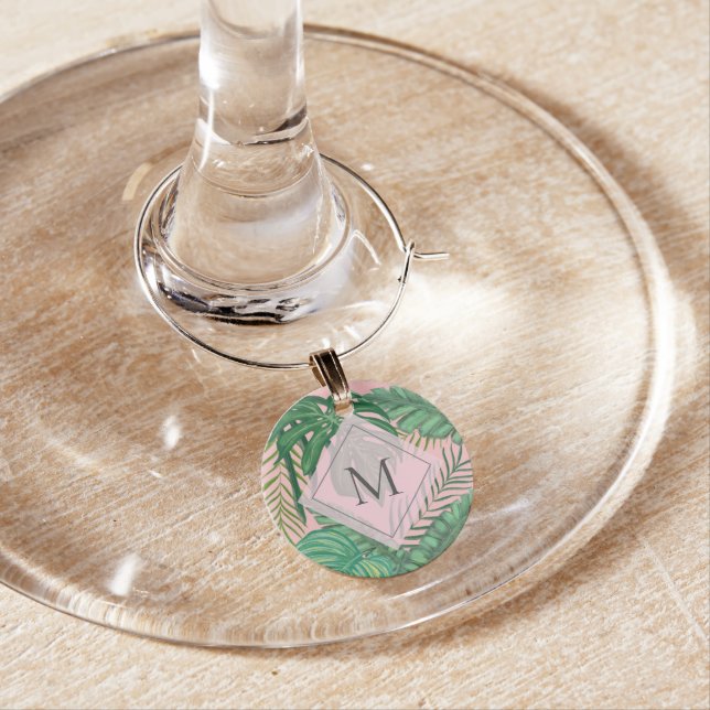 Tropical Botanical Watercolor Pink Art Monogram Wine Charm (In Situ)