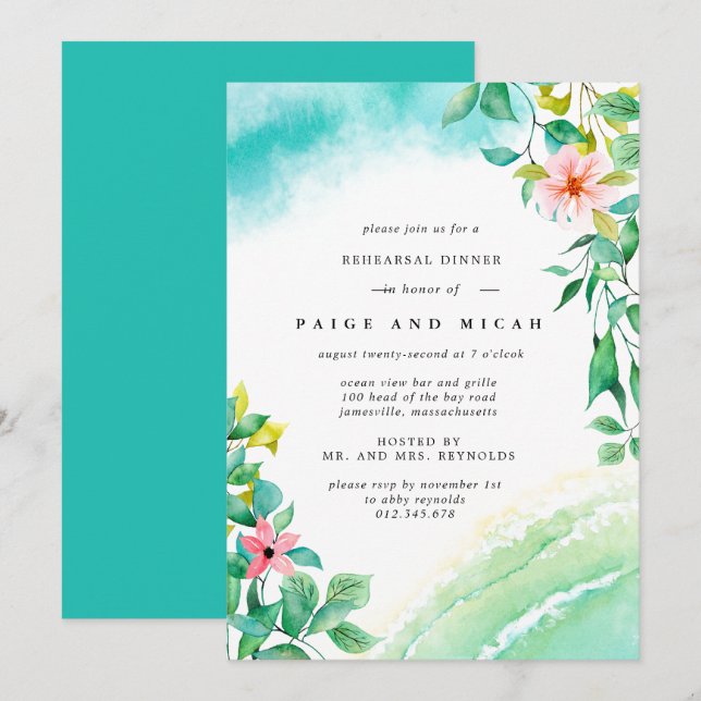 Tropical Botanical Watercolor Wedding Rehearsal Invitation (Front/Back)