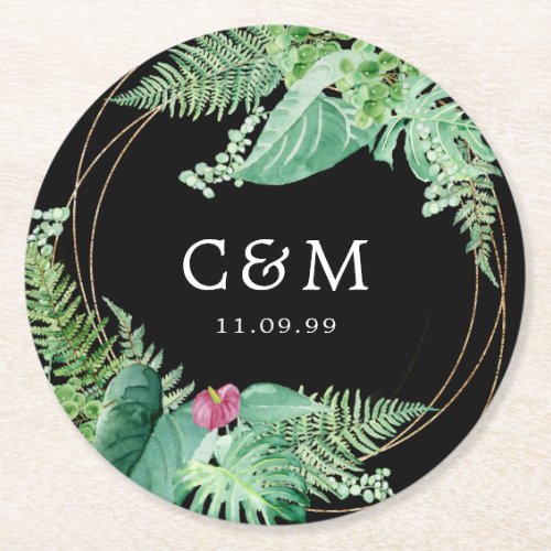 Tropical Botanical Wedding Monogram and Date Round Paper Coaster