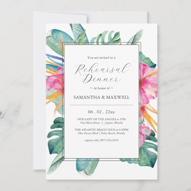 Tropical Botanical Wedding Rehearsal Dinner Invitation (Front)