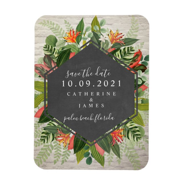 Tropical Botanical White Brick Wedding Magnet (Vertical)
