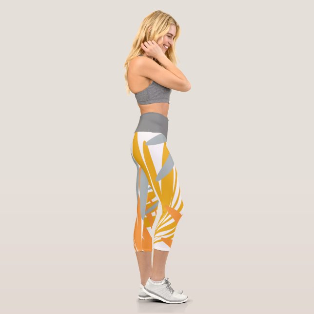 Tropical Botanical Yellow Gray Capri Leggings (Right)