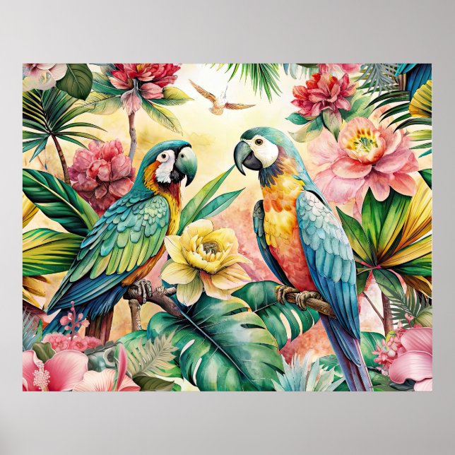 Tropical Botanicals and Parrots Matted Poster  (Front)