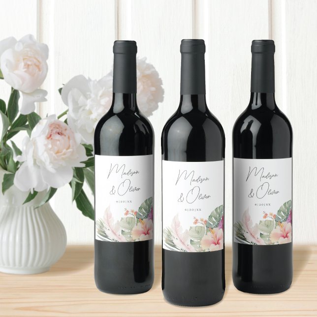 Tropical Botanicals Gorgeous Watercolor Wedding  Wine Label (Creator Uploaded)