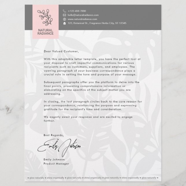 Tropical Botanicals Pink Fashion Beauty Business Letterhead (Front)