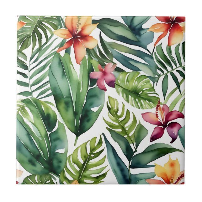 Tropical Botanicals Vibrant Watercolor Foliage Ceramic Tile (Front)