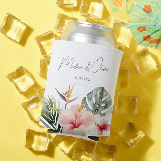 Tropical Botanicals Watercolor Wedding Favor Can Cooler (In Situ Summer)