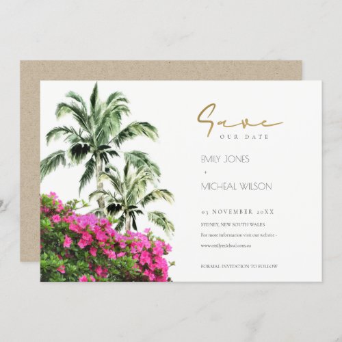Tropical Bougainville Palm Save The Date Invite