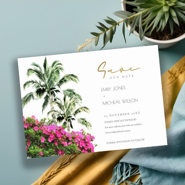 Tropical Bougainville Palm Tree Pink Green Save The Date (Creator Uploaded)