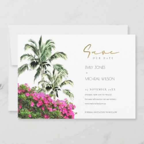 Tropical Bougainville Palm Tree Pink Green Save The Date