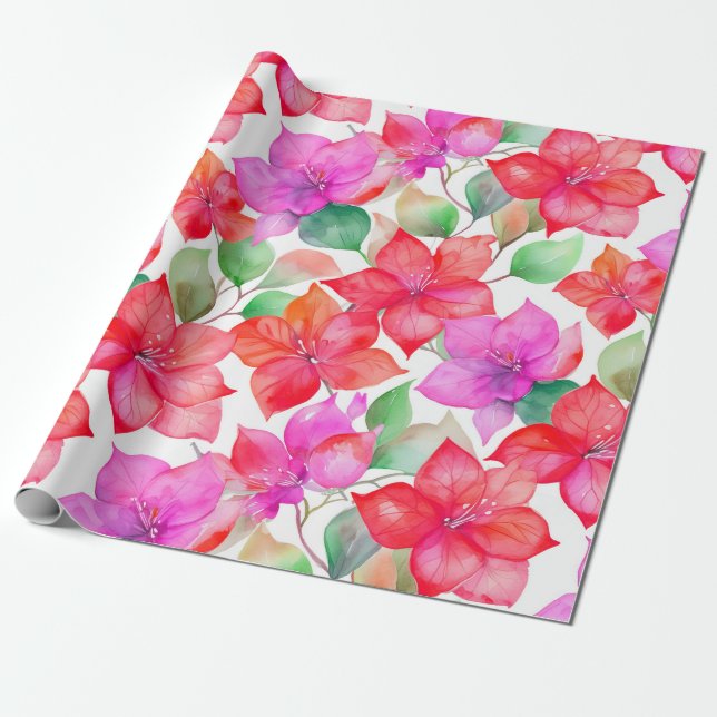 Tropical bougainvillea pattern wrapping paper (Unrolled)