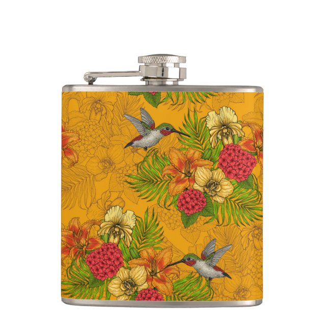 Tropical bouquet and hummingbirds 2 flask (Front)