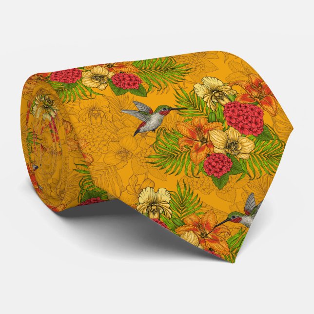 Tropical bouquet and hummingbirds 2 neck tie (Rolled)