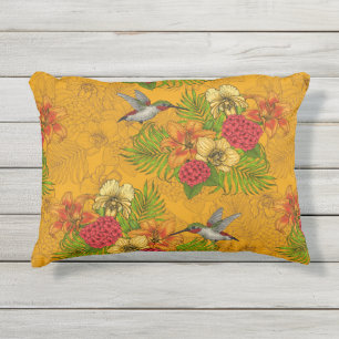 Tropical bouquet and hummingbirds 2 outdoor pillow