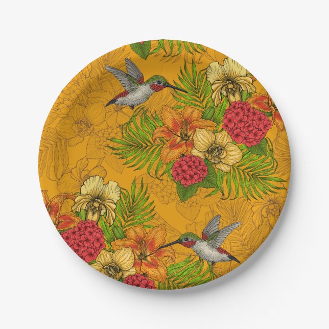 Tropical bouquet and hummingbirds 2 paper plates (Front)