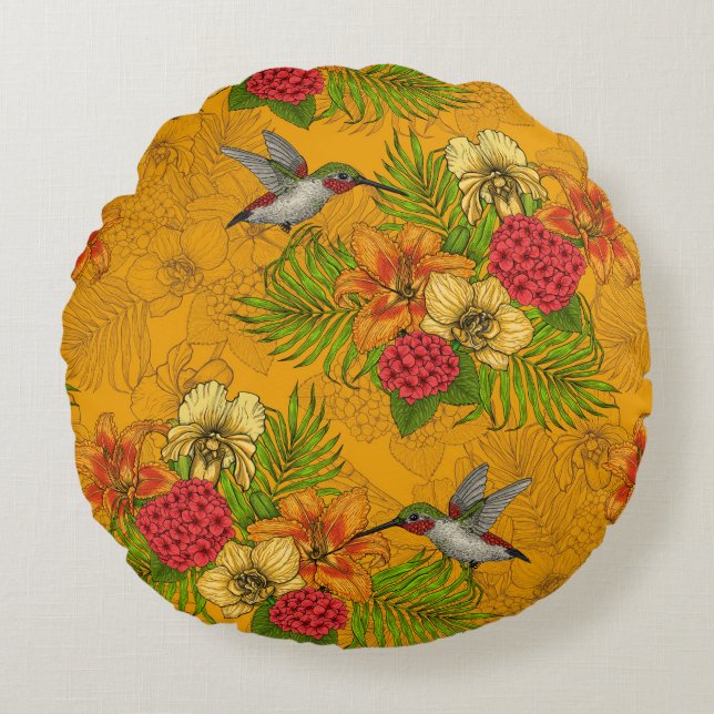 Tropical bouquet and hummingbirds 2 round pillow (Front)