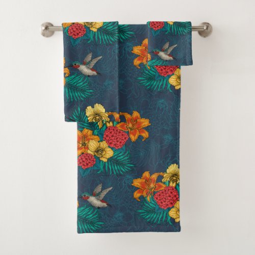 Tropical bouquet and hummingbirds bath towel set