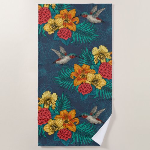 Tropical bouquet and hummingbirds beach towel