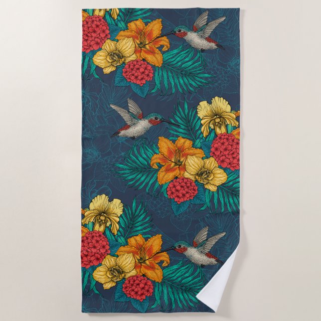 Tropical bouquet and hummingbirds beach towel (Front)