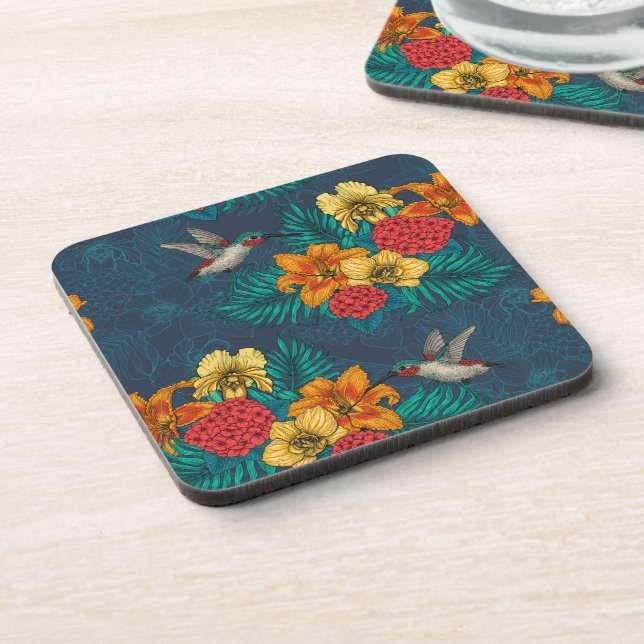 Tropical bouquet and hummingbirds beverage coaster (Left Side)