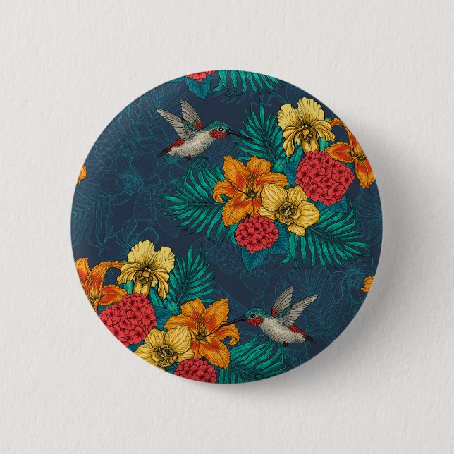 Tropical bouquet and hummingbirds button (Front)