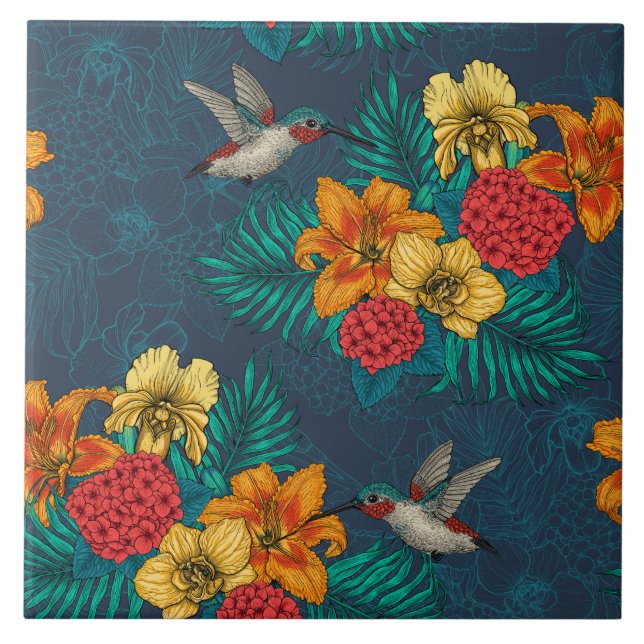 Tropical bouquet and hummingbirds ceramic tile (Front)