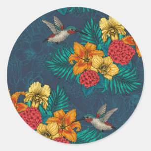 Tropical bouquet and hummingbirds classic round sticker