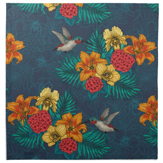 Tropical bouquet and hummingbirds cloth napkin (Front)
