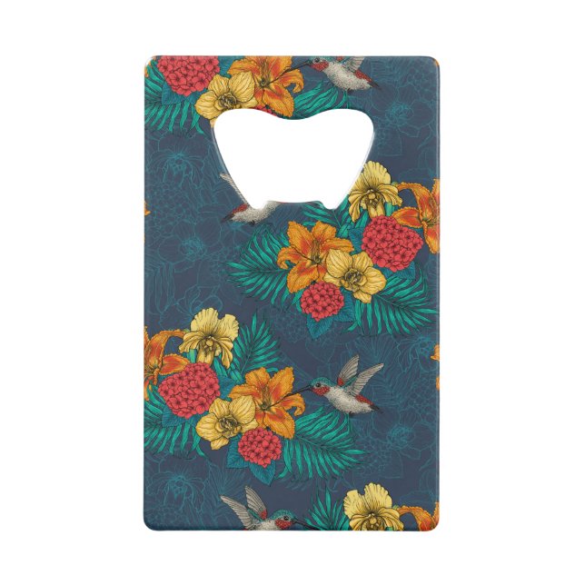Tropical bouquet and hummingbirds credit card bottle opener (Front)