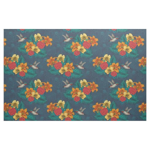 Tropical bouquet and hummingbirds fabric