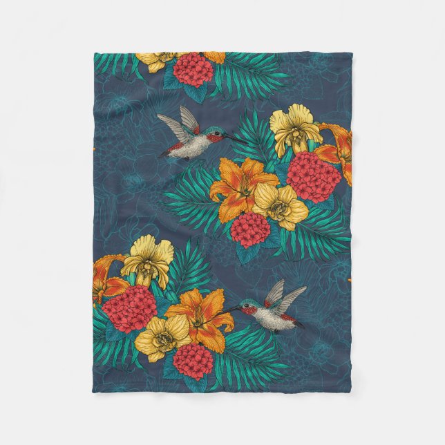 Tropical bouquet and hummingbirds fleece blanket (Front)