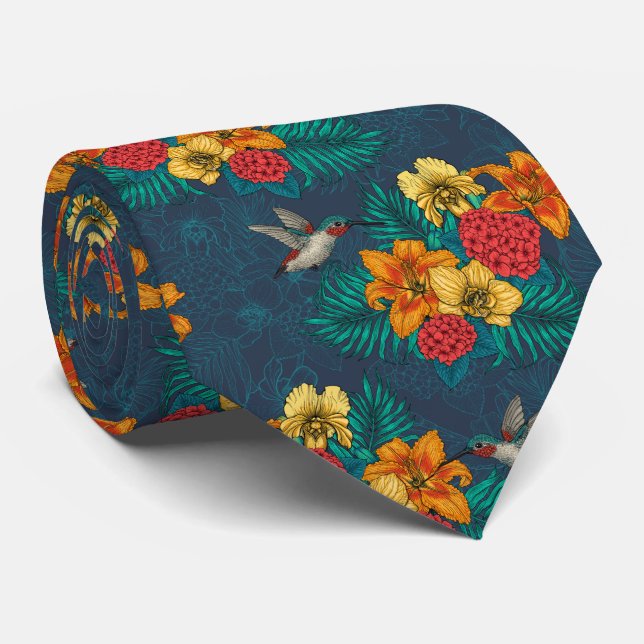 Tropical bouquet and hummingbirds neck tie (Rolled)