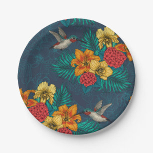 Tropical bouquet and hummingbirds paper plates