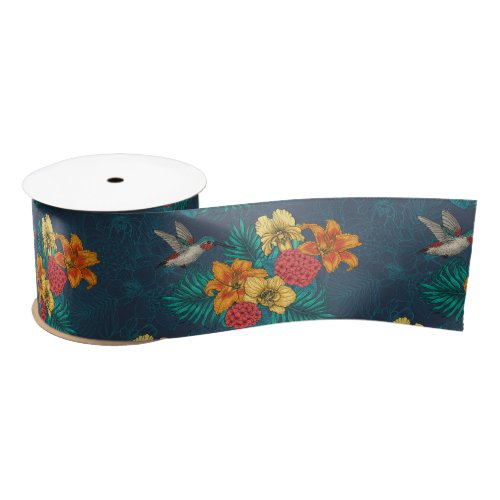 Tropical bouquet and hummingbirds satin ribbon