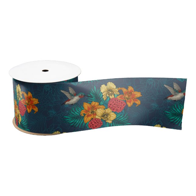 Tropical bouquet and hummingbirds satin ribbon (Spool)