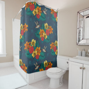 Tropical bouquet and hummingbirds shower curtain