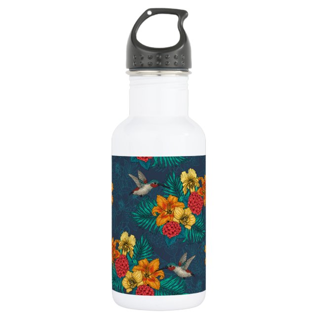 Tropical bouquet and hummingbirds stainless steel water bottle (Front)
