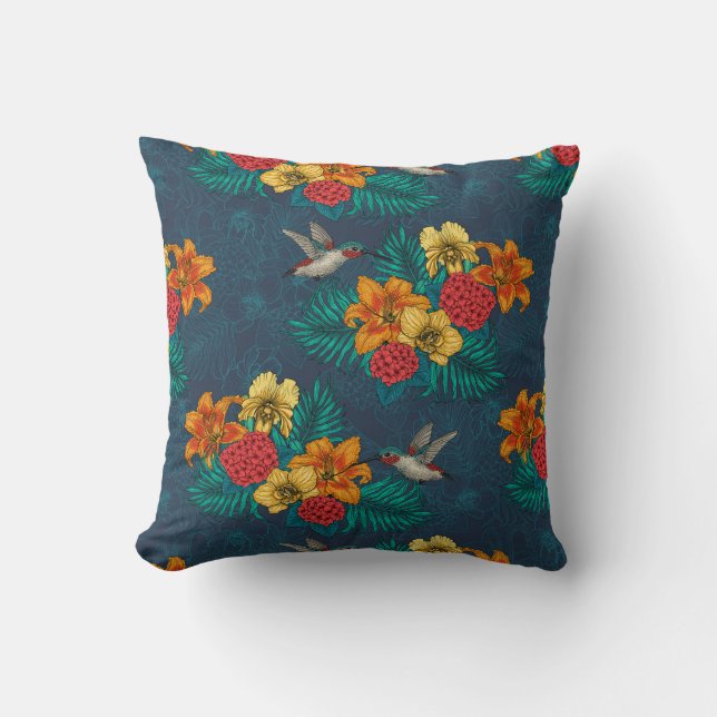 Tropical bouquet and hummingbirds throw pillow (Front)