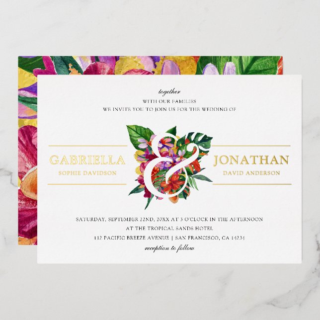 Tropical Bouquet & Modern Typography Wedding Foil Invitation (Front/Back)
