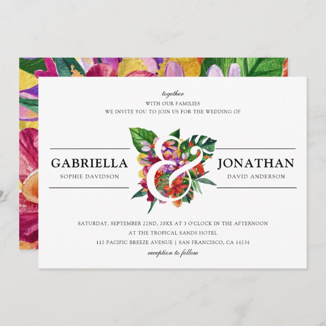 Tropical Bouquet & Modern Typography | Wedding Invitation (Front/Back)