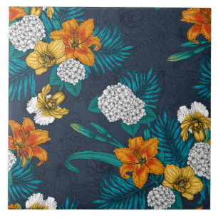 Tropical bouquet on blue ceramic tile